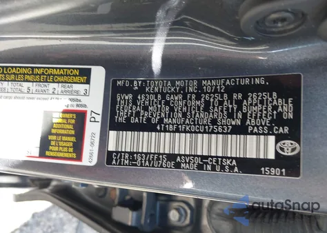 2012 Toyota Camry Se из США, поврежденный, VIN 4T1BF1FK0CU175637